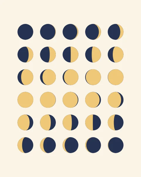 Thirty little moons in neat rows, from a dark new moon through a thin crescent to full, and waning away again.