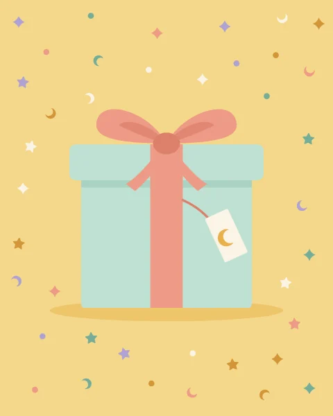 A mint gift box tied with a coral bow and a little crescent tag, surrounded by confetti stars.