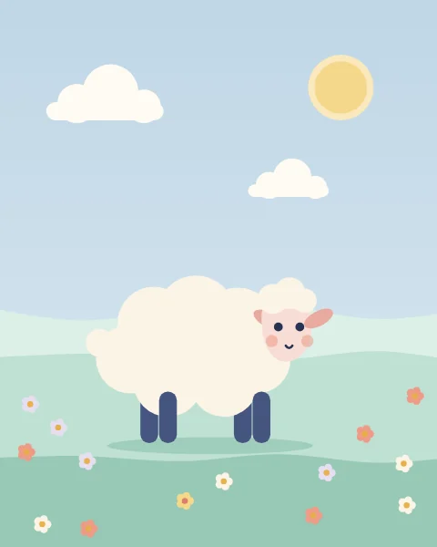 A fluffy sheep stands in a green meadow dotted with flowers under a soft blue sky.