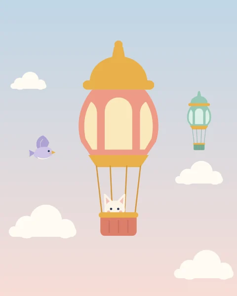 A hot-air balloon shaped like a lantern floats among clouds, with a small cat peeking out of the basket.