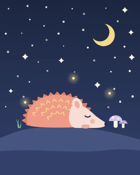 A hedgehog sleeps on a hilltop under the stars and a crescent moon, with fireflies glowing nearby.