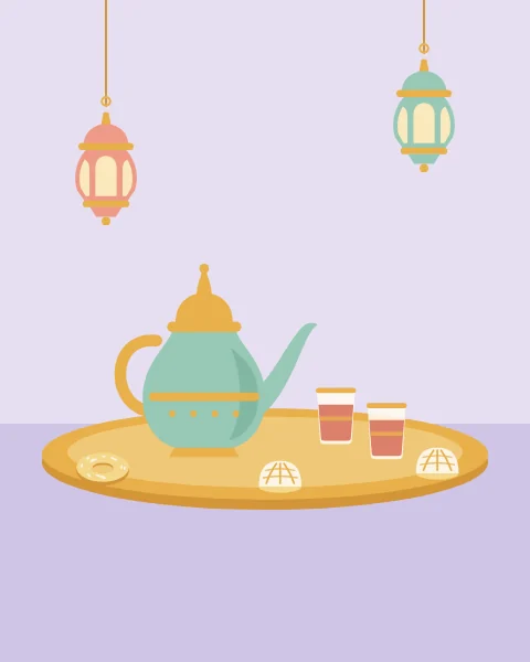 A teapot, small glasses of tea and ka'ak and maamoul biscuits on a golden tray, with lanterns hanging above.