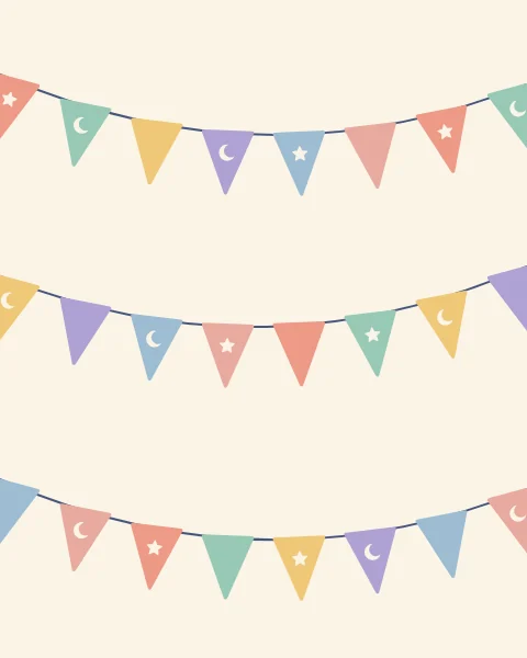 Strings of pennant bunting marked with crescents and stars swing across a cream ground.
