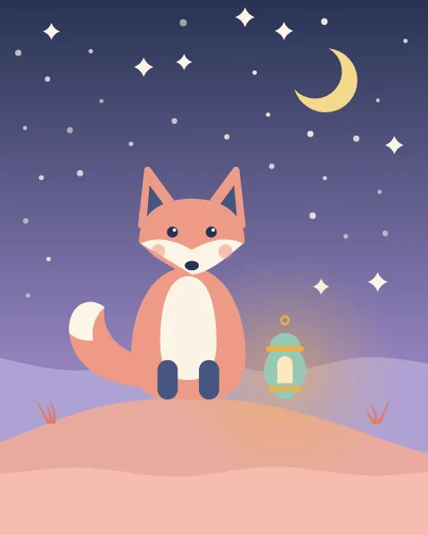 A little fox sits on a dune at dusk beside a glowing lantern, under the first stars.