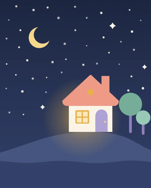 A small house on a hill under a starry sky, with one window glowing warmly.