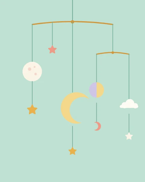 A hanging mobile of moons in different phases, with stars and a small cloud, on a mint ground.