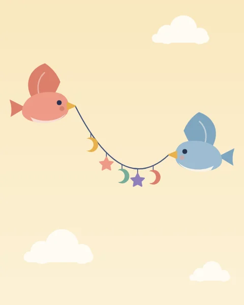 Little birds fly across a pale sky carrying a garland of crescents and stars between them.