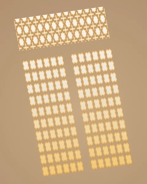 A long panel of patterned sunlight lying at a slant across a plain plaster floor, thrown by a two-leaf lattice window with a star transom above.