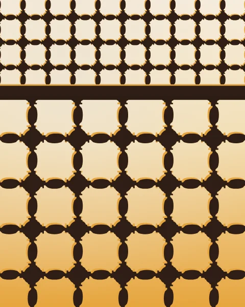 A close view of a turned-bead lattice seen from inside, its balls and spindles dark against a bright afternoon sky.