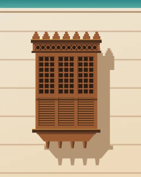 A projecting wooden window bay on a pale coral-stone facade, with lattice panels, louvres and a carved crown, casting a deep shadow on the wall below.
