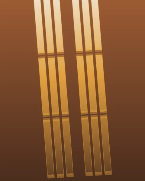 Low evening sun drawn out through a small square-paned screen into long gold bars across a warm brown floor.