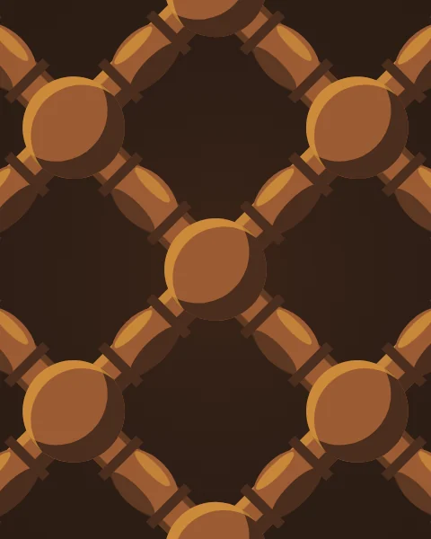 A very close view of a diagonal turned lattice in strong sun, each wooden ball and spindle modelled in cedar light and shade against a dark interior.