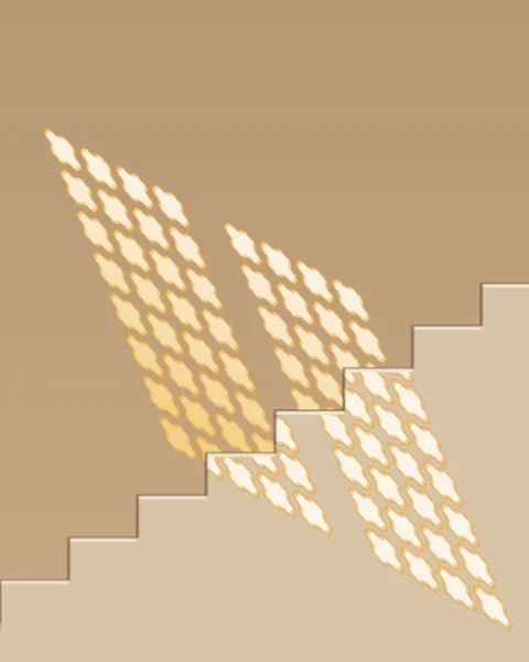 Patterned sunlight breaking across a flight of plaster steps, the lattice shifting at every tread and riser.