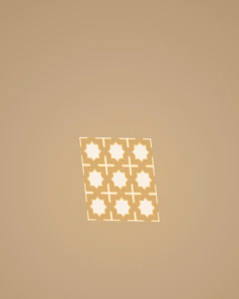 A small square of star-patterned light lying almost directly beneath its window on a warm plaster floor.