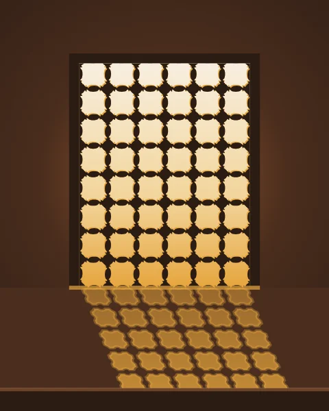 A lattice window seen from a dim room, the sky glowing through it and its pattern pooled in gold across the seat below.