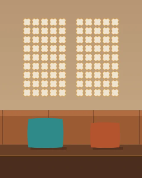 Low floor seating along a plaster wall, with patterned sunlight falling on the wall above and two cushions, one teal and one terracotta, among the warm browns.