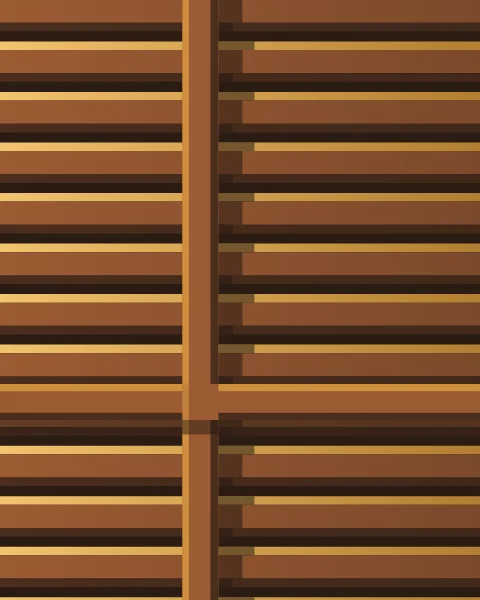 Close horizontal wooden louvres in raking sun, crossed by a stile and rail that throw stepped shadows over the slats.