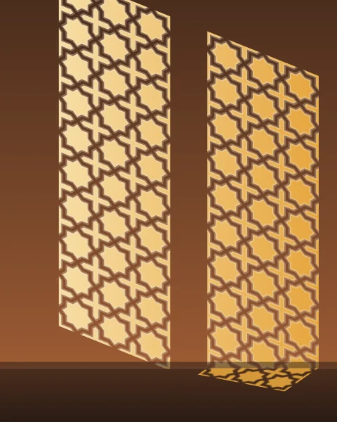A skewed patch of star-and-cross light on a deep brown wall, slipping down over the skirting onto the floor.