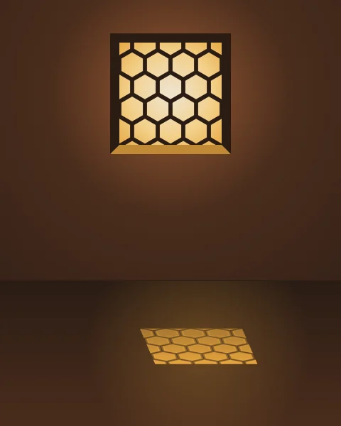 A small hexagonal lattice glowing in a dark wall, its light falling as a pale honeycomb on the floor in front.