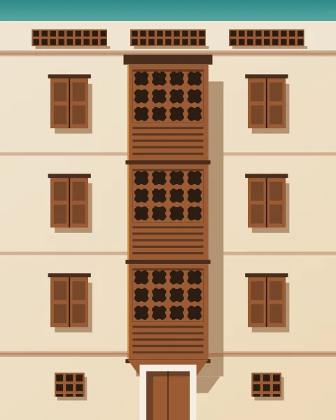 The front of a tall coral-stone house with stacked wooden lattice bays, shuttered windows and a lattice parapet against a strip of sky.