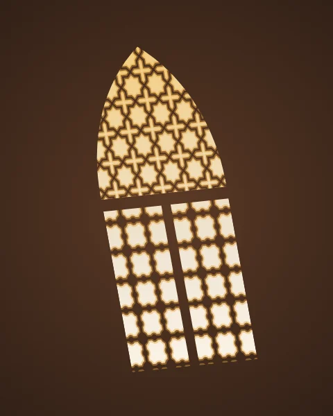 Light from a pointed-arch lattice window stretched across a dark floor, with a star pattern in the arch and turned lattice below.