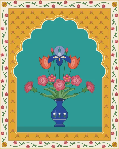 A cobalt vase of irises, tulips, roses and carnations standing in a turquoise cusped niche, set in a saffron wall sprigged with small flowers and framed by a border of climbing roses.