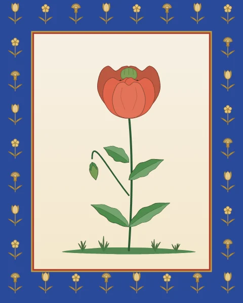 A coral poppy with a nodding bud on a cream panel, framed by a wide cobalt margin scattered with small gold flowers.