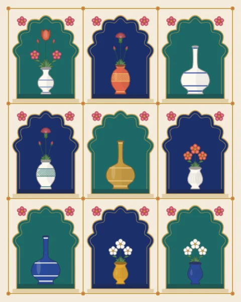 A wall of small cusped niches in deep green and blue, each holding a vase, flask or bottle, some with a single flower or a small posy.