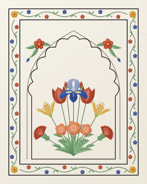 A symmetrical spray of iris, tulips, lilies, roses and carnations inlaid in coloured stone within a cusped arch on white marble, with flowering sprays in the spandrels and a border of inlaid vine; wider formats add two small niches of tulip and iris, the tallest an inlaid roundel.