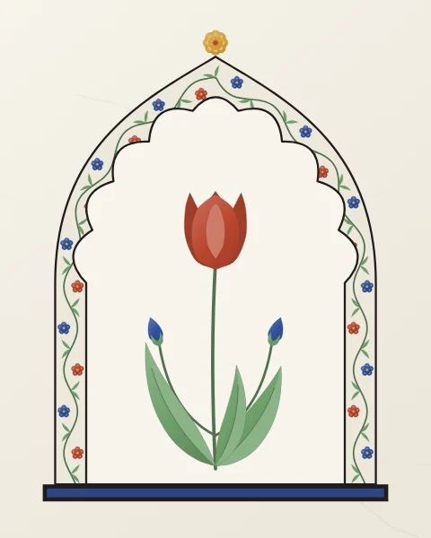 A carnelian tulip with jade leaves and two lapis buds inlaid in white marble, framed by a cusped arch whose border is an inlaid vine of carnelian and lapis flowers.