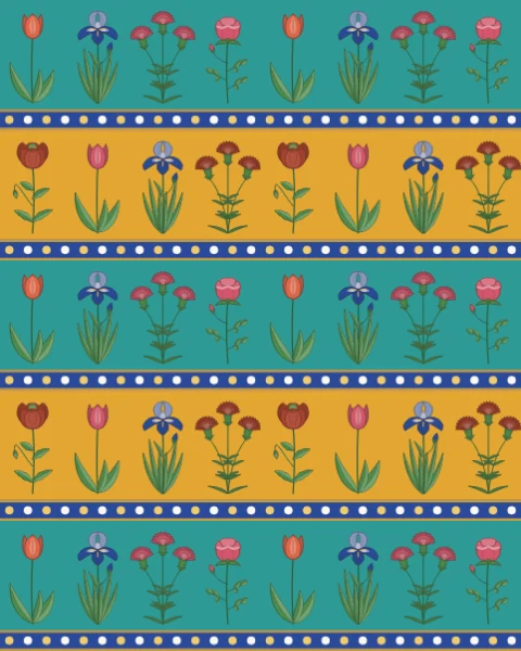 Alternating turquoise and saffron bands, each lined with small flowering plants, separated by narrow cobalt borders set with pearls.