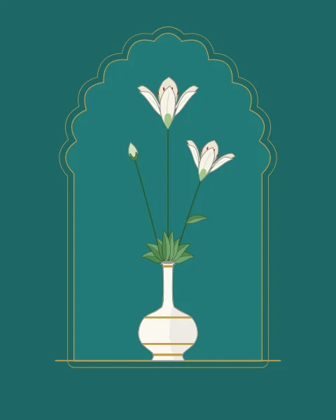 Two white lilies and a bud in a slender white bottle, standing in a softly lit cusped niche on deep turquoise.