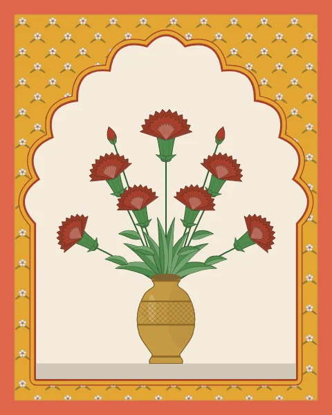 A gold vase of red carnations in a cream cusped niche, with two smaller niches of carnation plants on wider formats, set in a sprigged saffron wall with a coral frame.