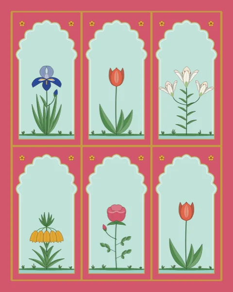 A row of cusped arches on a rose-pink ground, each framing one flowering plant: iris, tulip, lily, poppy, carnation, rose or crown imperial.