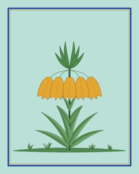 A crown imperial plant with a ring of hanging saffron bells under a green tuft, standing on a small grassy mound inside a fine cobalt and gold frame on pale turquoise.