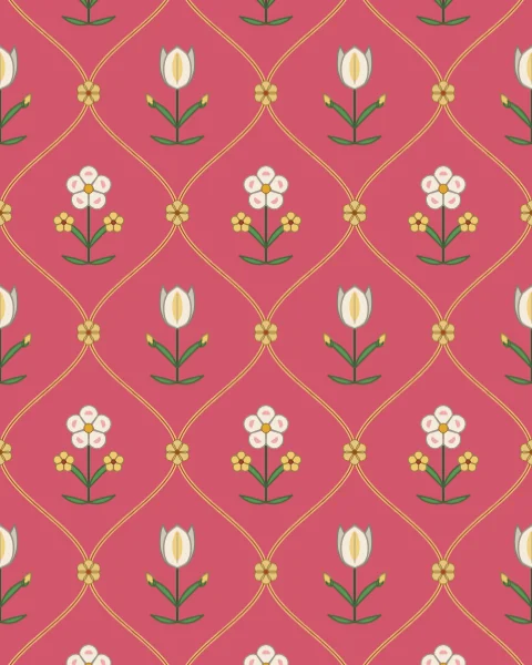 A gold ogee lattice on rose pink, its cells holding small sprays of cream tulips and rosettes, with tiny flowers at the crossings.