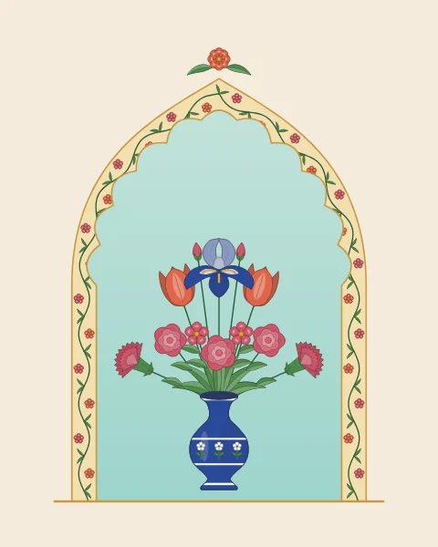 A cobalt vase of irises, tulips and roses standing in a pale turquoise cusped arch, outlined by a narrow band of climbing rose stems with a single blossom above its point.