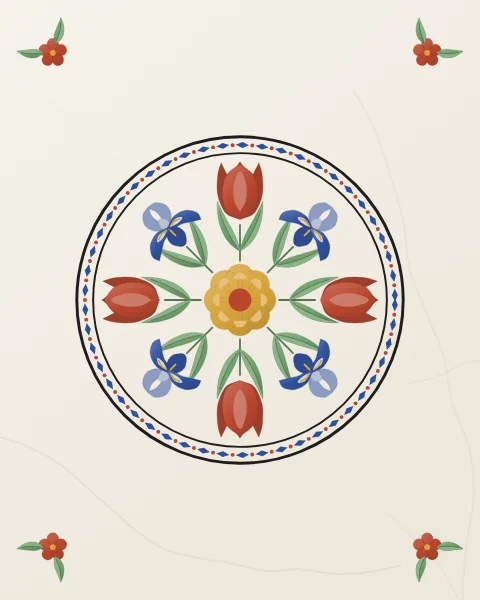A round medallion of four tulips and four irises turning about a golden rosette, inlaid in coloured stone on white marble, with small sprigs in the corners.