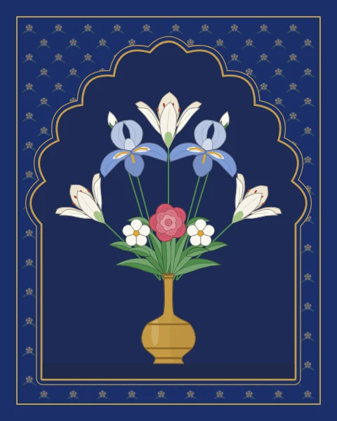 White lilies, pale blue irises and a rose in a gold bottle within a dark cusped niche, set in a cobalt wall sprinkled with gold flowers.