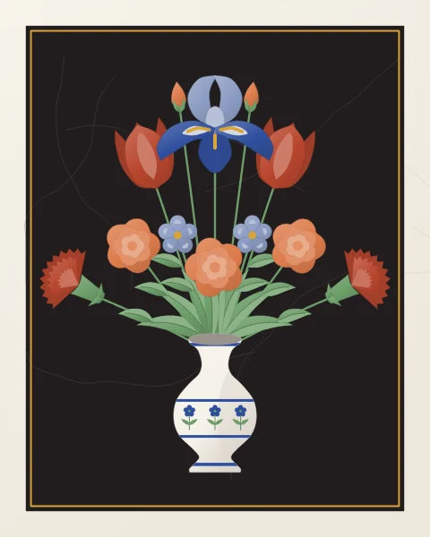 A white marble vase holding a bouquet of irises, tulips, roses and carnations, inlaid in coloured stone on a black marble panel framed in white; the tallest format sets it in a cusped niche below an inlaid roundel.