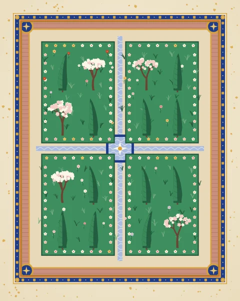 A walled garden seen from above, quartered by water channels that meet at an octagonal pool, with cypress and flowering trees standing in each bed.