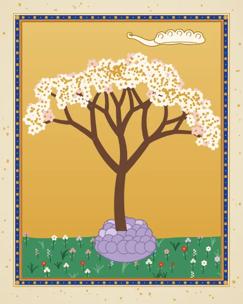 A single almond tree in full white and pink blossom on a lilac rock, against a gold sky with a ribbon cloud.