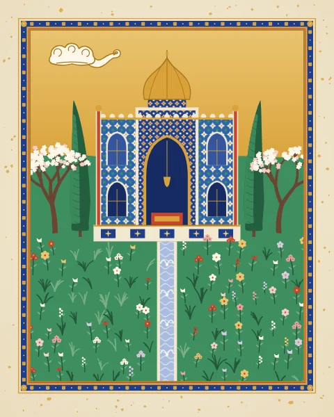 A tiled garden pavilion with a gilded dome and a deep blue arched hall, flanked by cypress and almond, with a channel of fountains running towards the viewer.