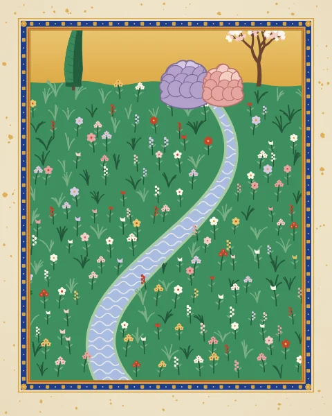 A silver-blue stream winds down through a meadow of small individual flowers from a cluster of rocks below a gold horizon.