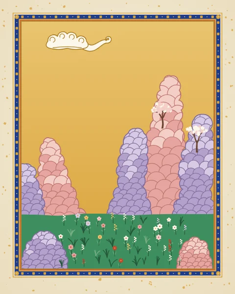 Rose and lilac rock spires rise from a green valley under a gold sky, with small blossoming trees growing from their ledges.