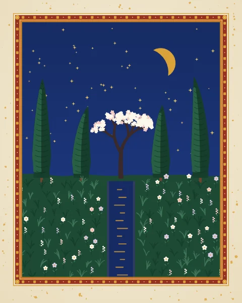 A row of dark cypresses and pale flowering trees beneath a deep blue sky with a gold crescent moon and scattered stars.