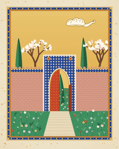 A brick garden wall with a tiled portal; one vermilion door stands open on a glimpse of cypress and grass, while trees rise above the wall.
