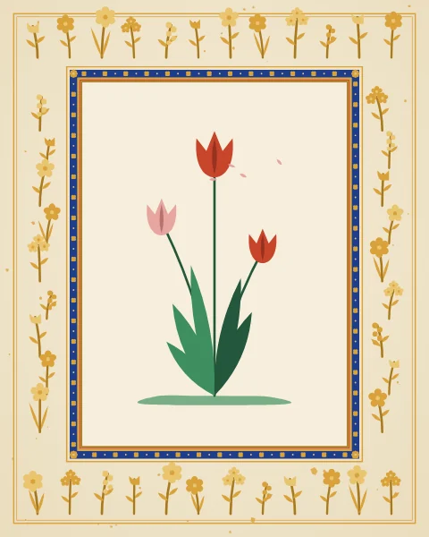 A small panel of a single red tulip plant, surrounded by a wide paper margin of flowering plants drawn in gold.