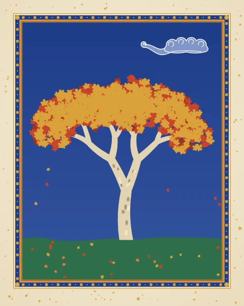 A great plane tree in autumn colour, its broad crown of five-lobed leaves in vermilion, orange and gold and its pale bark flaking in patches, against a blue sky with fallen leaves on the grass below.