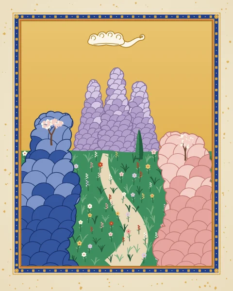 A pale path winds up a green valley between a lapis-blue rock mass and a rose one, towards lilac peaks under a gold sky.